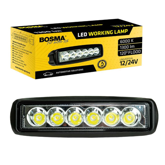 Lampa robocza LED BOSMA 6×3W 12/24V 18W 1300lm 6000K – oświetlenie robocze do maszyn i pojazdów