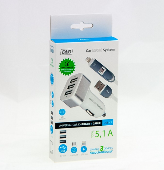 Ładowarka samochodowa 3×USB 5,1A Micro USB iPhone Lighting– szybkie ładowanie