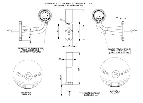 LAMPA OBRYSOWA HORPOL BIAŁO CZERWONA 12/24V LEWA KRÓTKA ŁAMANA
