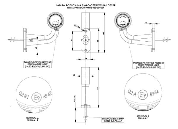 LAMPA OBRYSOWA HORPOL BIAŁO CZERWONA 12/24V PRAWA KRÓTKA ŁAMANA