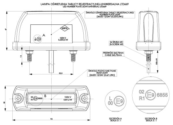 Lampa oświetlenia tablicy rejestracyjnej HORPOL LTD 669 – mała, czerwona, LED