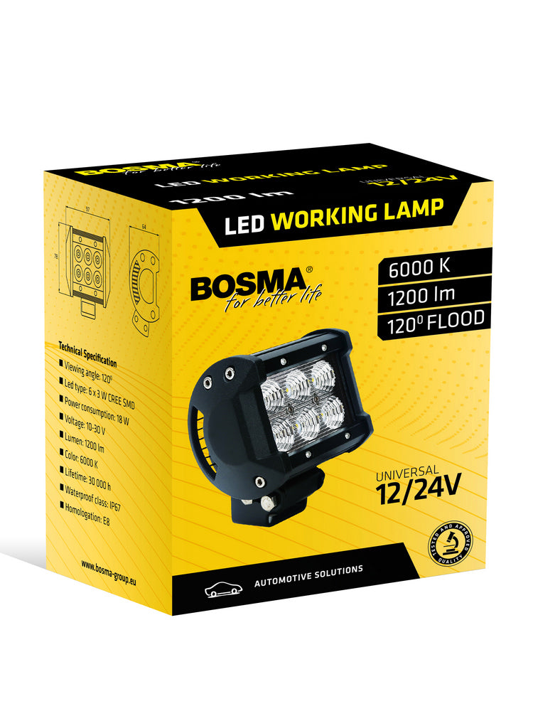 Lampa robocza LED 6×3W 12/24V 18W 1200lm 6000K – oświetlenie robocze do maszyn i pojazdów