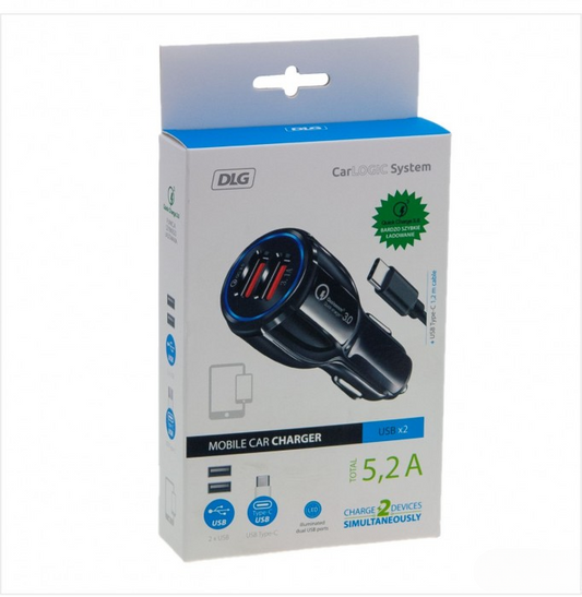 Ładowarka samochodowa 2×USB 5,2 A Super Fast + kabel 1,2 m typu C