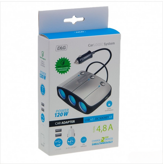 Trójnik do gniazda zapalniczki 12/24 V – 120 W + 2× USB 2 A (4,8 A)