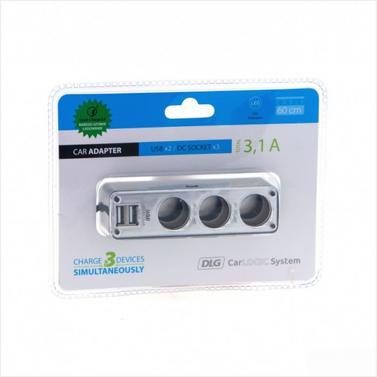 Trójnik rozgałęźnik do gniazda zapalniczki 12/24 V – 2× USB, 3,1 A łącznie
